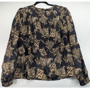 Vintage 1993 Protrend Ltd Paisley Blouse Black Gold Long Sleeve Top 90s Large